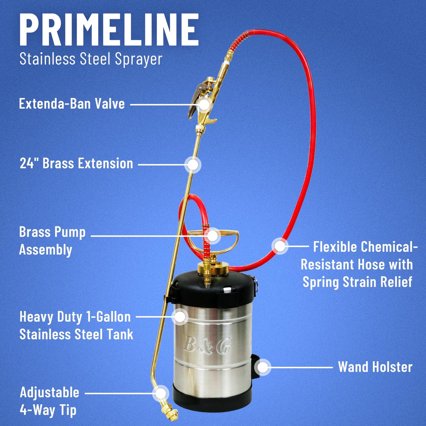 B&G - Primeline 1 Gallon Stainless Sprayer (N124-S-24) - Extenda-Ban Valve - 24" Brass Extension - 4-Way Tip - Durable, Precise, Field Repairable