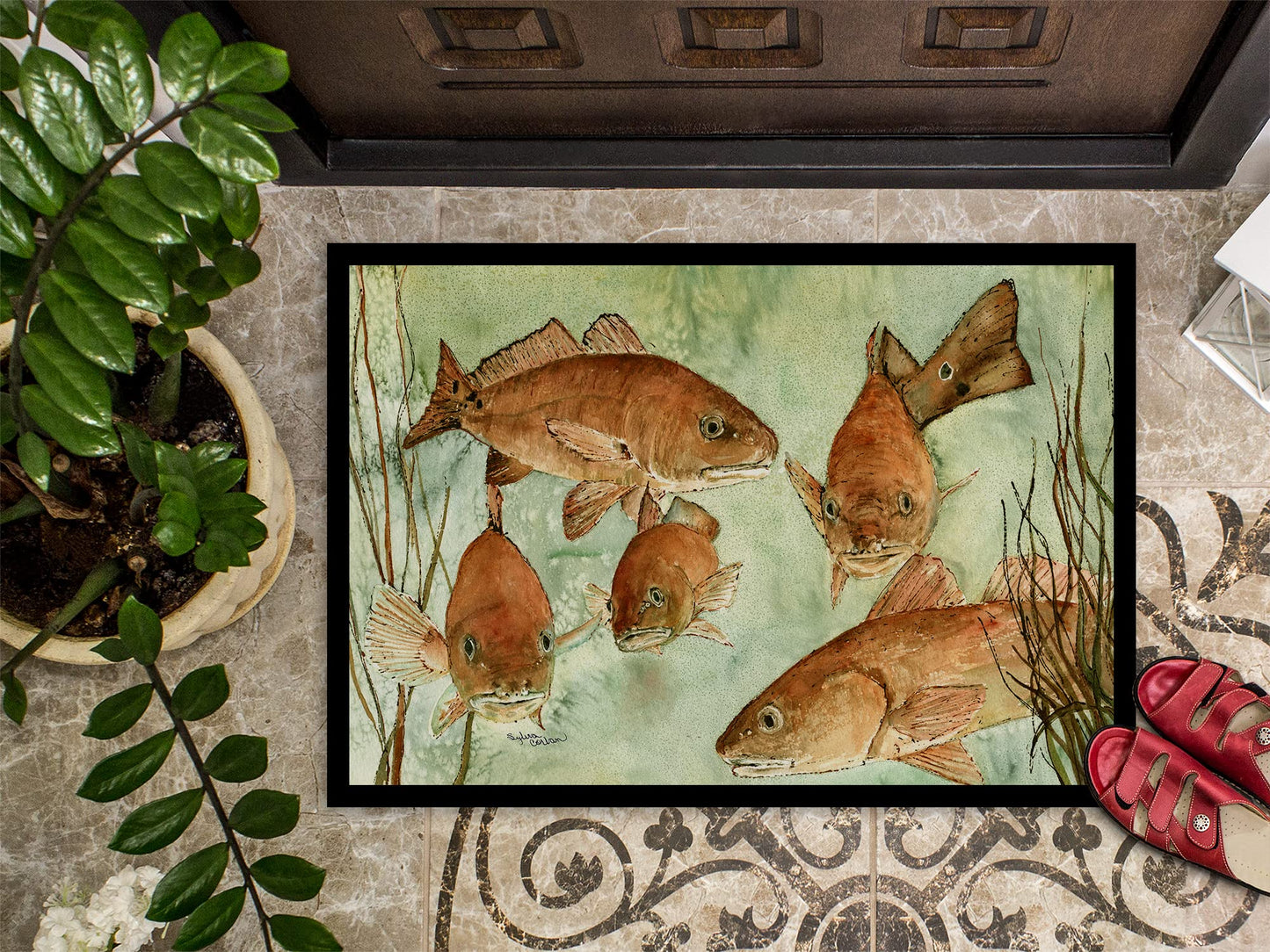 Caroline's Treasures 8983JMAT Red Fish Swim Doormat 24x36 Front Door Mat Indoor Outdoor Rugs for Entryway, Non Slip Washable Low Pile, 24H X 36W