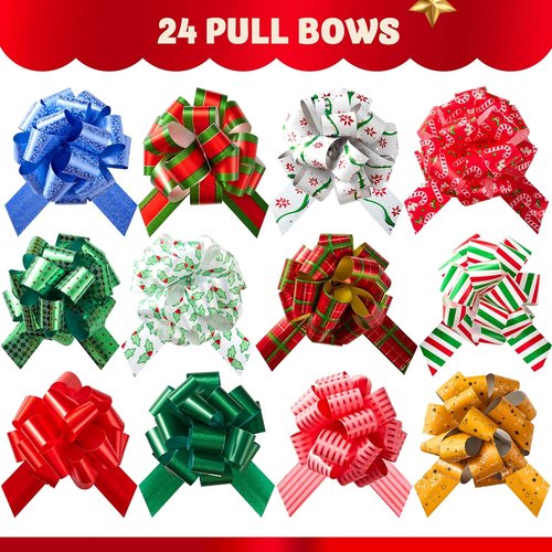 JOYIN 24 PCS Christmas Wrap Ribbon Pull Bows - Easy Gift Wrapping Accessory for Presents & Decorations