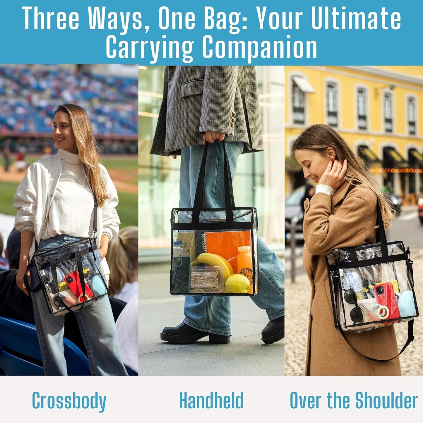 VENO Clear Tote Bag - Stadium Approved, Large 12x6x12 Transparent Crossbody for Beach & Events