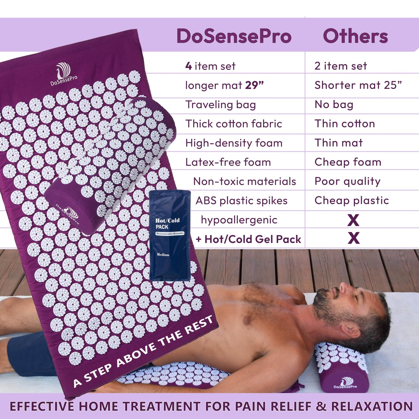 DoSensePro Acupressure Mat & Pillow Set – Extra-Long 29” Acupressure Therapy for Back & Neck Pain Relief, Sciatica, Stress Relief & Sleep Support – Includes Carry Bag & Hot/Cold Pack (Purple)