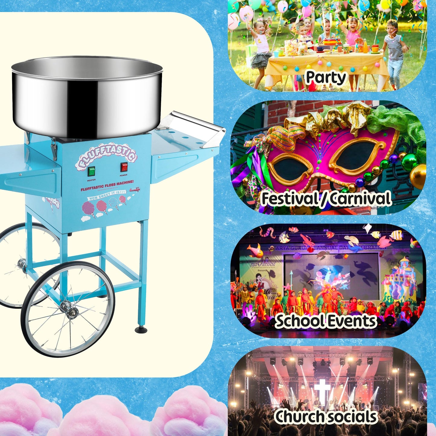 Cotton Candy Machine With Cart – 1000W Flufftastic Floss Maker With Stainless-Steel Pan, Side Trays, And 13in Wheels By Great Northern Popcorn (Blue)