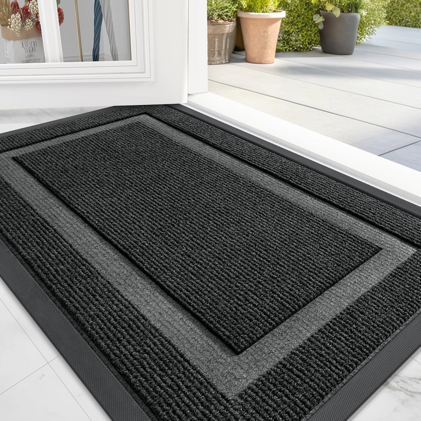 OLANLY Indoor/Outdoor Door Mat Set - Black Geometric Design (29.5x17 in & 32x20 in)