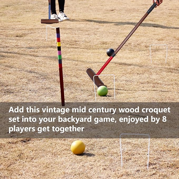 Croquet Set for Adults - 8 Players Croquette Kit with 32In Regulation, 35In Deluxe Size Rubber Wood Mallets, Colored PE Ball, Wickets, 24In End Stakes, Lawn Backyard Game for Families
