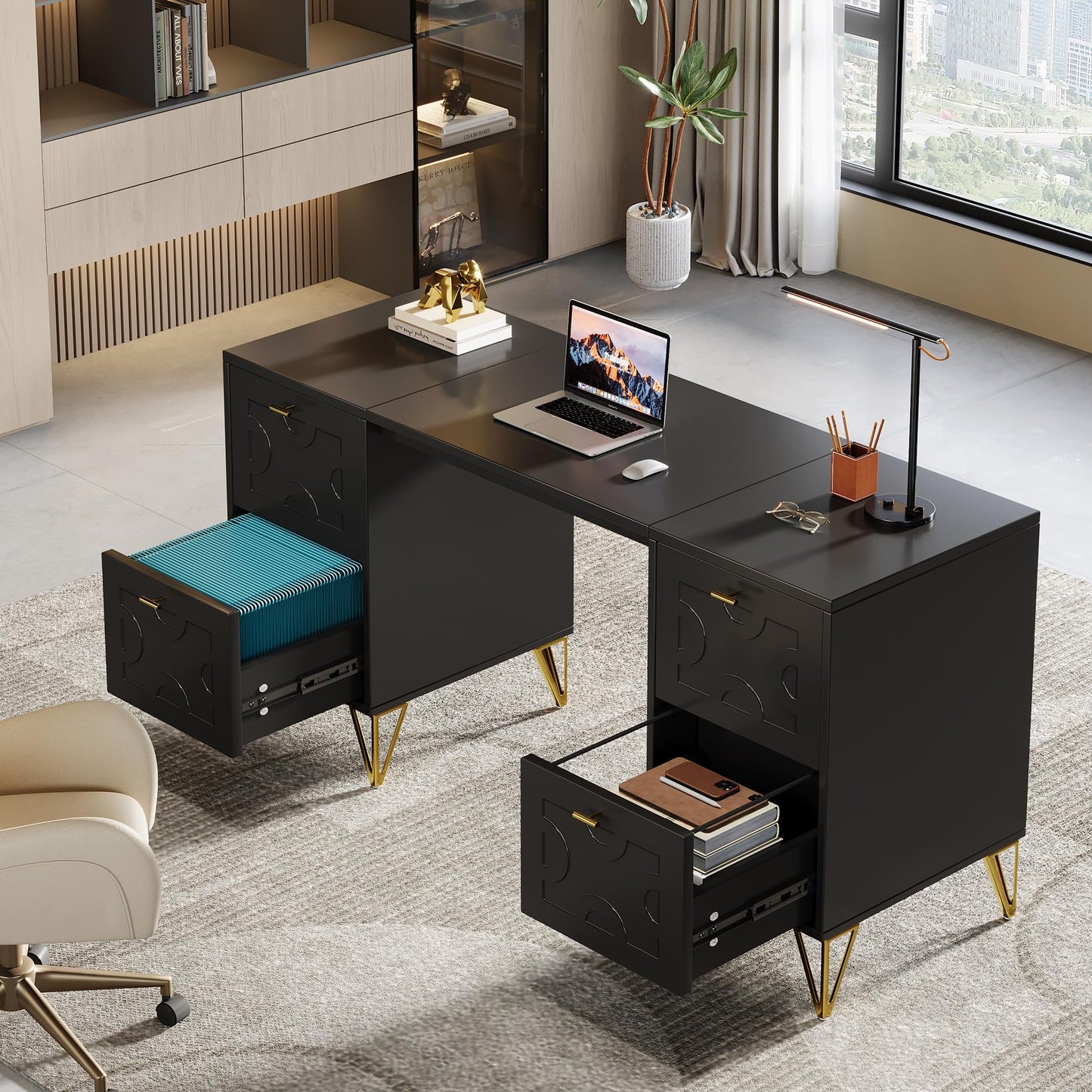 Tribesigns 59-Inch Black Executive Computer Desk with 4 File Drawers Storage, Modern Writing Table, Luxury Desk with Gold Legs for Home Office