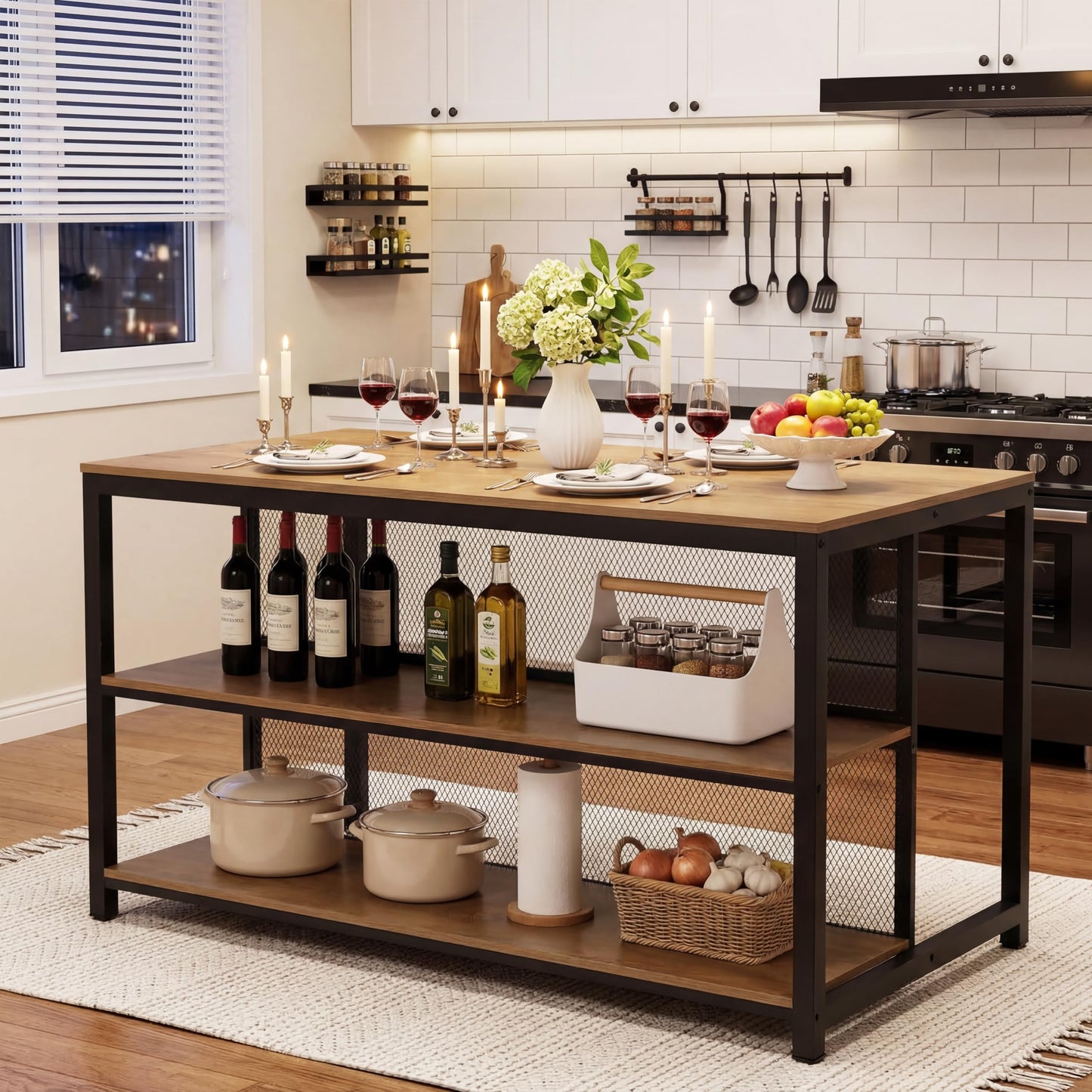 Tribesigns 63" Kitchen Island, Industrial Bar Table with Storage Shelves & Seating, Modern Farmhouse High Top Kitchen Dining Table with Metal Frame for Kitchen, Dining Room, Living Room, Bistro