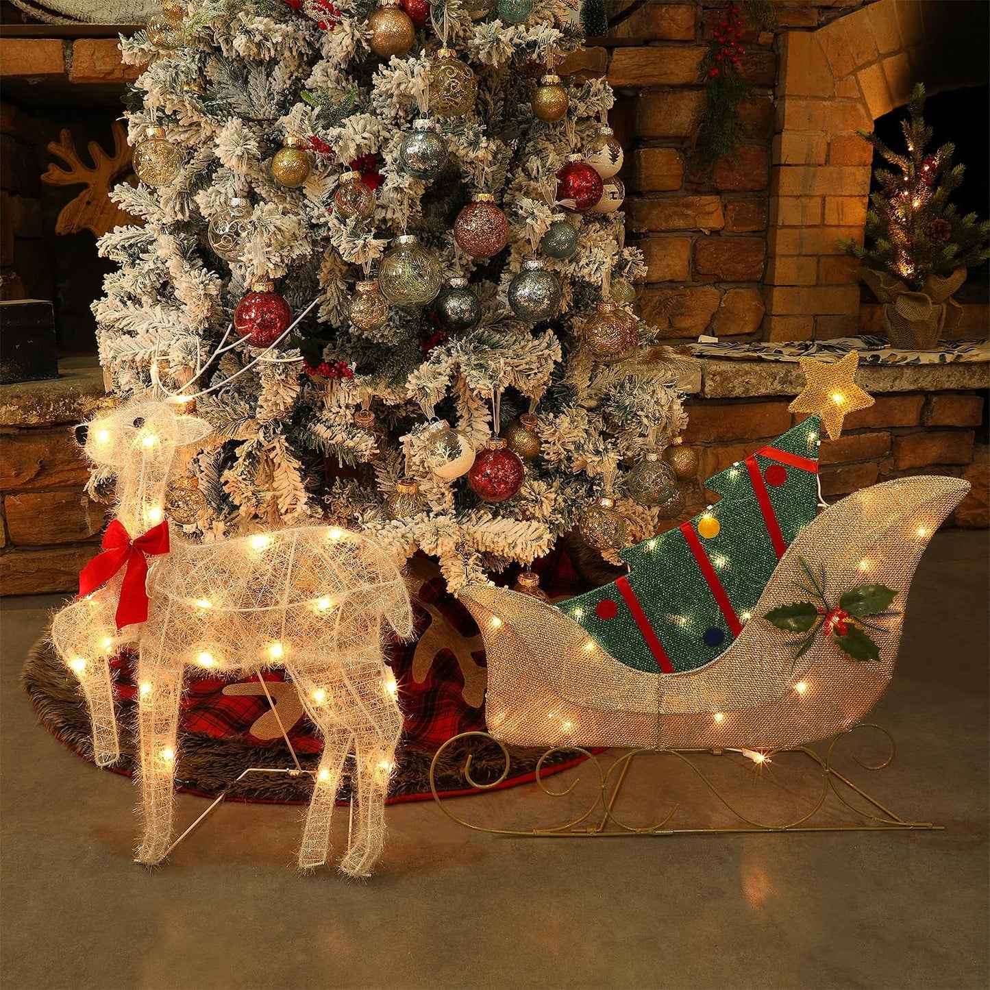 WATERGLIDE Christmas Decorations - 23 Inch Lighted Reindeer & Santa Sleigh | Pre-Lit Outdoor Yard Decor