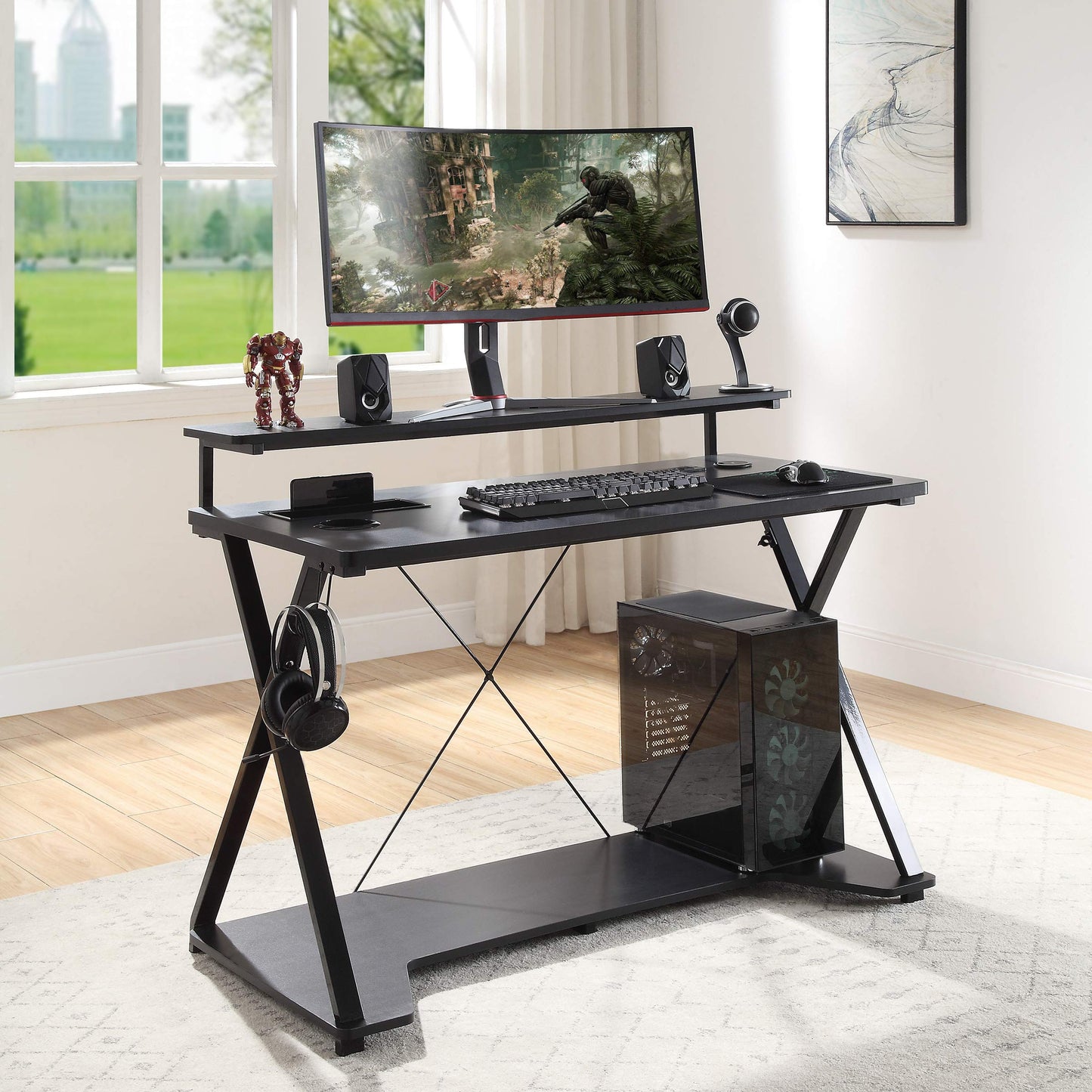 OSP Home Furnishings Checkpoint Ghost Battlestation Gaming Desk with RGB LED Lights, Black