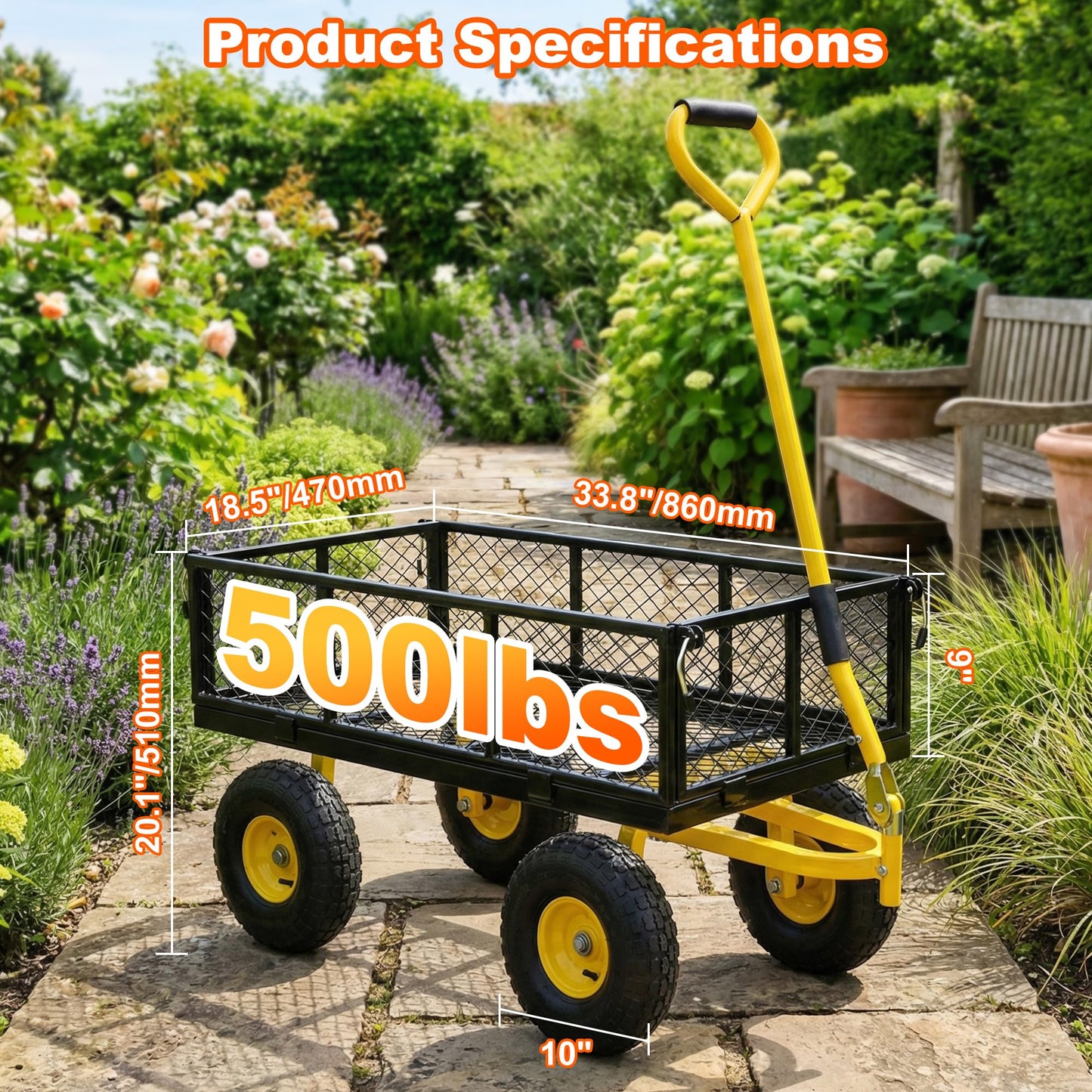 DIAMONDFORGE 500lbs Heavy Duty Garden Cart, Steel Garden Wagon Cart with Fixedable Rotating Handle for Backyard, Utility Yard Wagon with 10" All Terrain Tires, Mesh Removable Sides