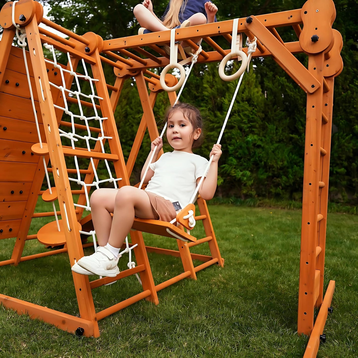 Avenlur 8-in-1 Small Indoor/Outdoor Playset – Foldable Wooden Kids Play Set for Backyard – Kid Playground for Toddlers Age 2–6 with Slide, Monkey Bars, 2 Ladders, 2 Swings, Rock Climbing, Gym Rings