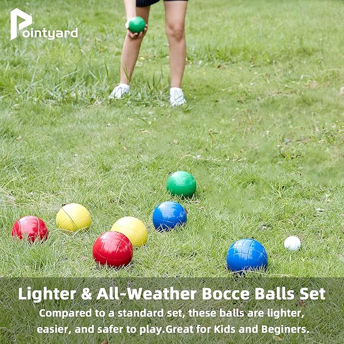 Pointyard 100mm Bocce Ball Set, Regulation Bocci Ball Set with 8 PE Bocce Balls/1 Pallino/Carrying Bag/Measuring Tape - Outdoor Family Bocce Game for Backyard/Lawn/Beach (Red,Blue,Green,Yellow)