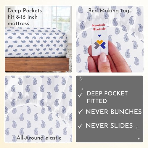 California Design Den Full Size Bed Sheets Set - 400 Thread Count 100% Cotton, Deep Pocket - Paisley Blue