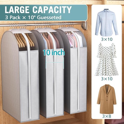 Liuoud 40" Gusseted Garment Bags - Clear Window Clothing Covers for Coats, Dresses & Jackets | 3-Pack