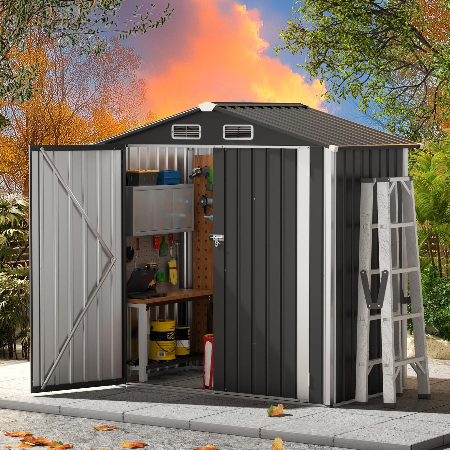 Metal Storage Shed & Outdoor Storage, Outdoor Steel Storages Shed with Sloping Roof, Utility and Tool Garden Sheds for Backyard Patio Lawn