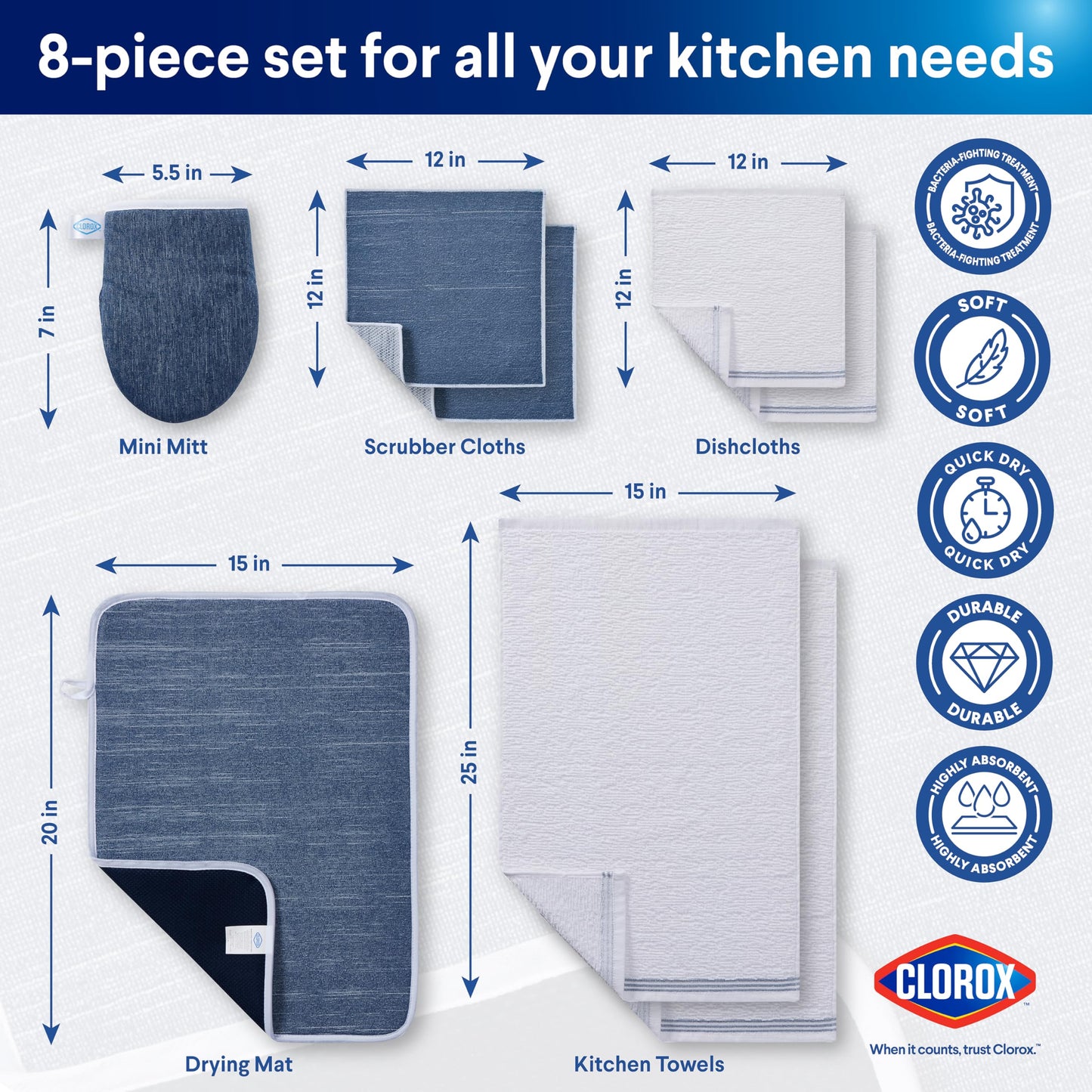 Clorox Premium Kitchen Set - Perfect for Home Cleaning & Handling Dishes - 2 Cotton Kitchen Towels, 2 Cotton Dishcloths, Mini Oven Mitt, Dish Drying Mat, 2 Scrubber Dishcloths - 8 Pc Set