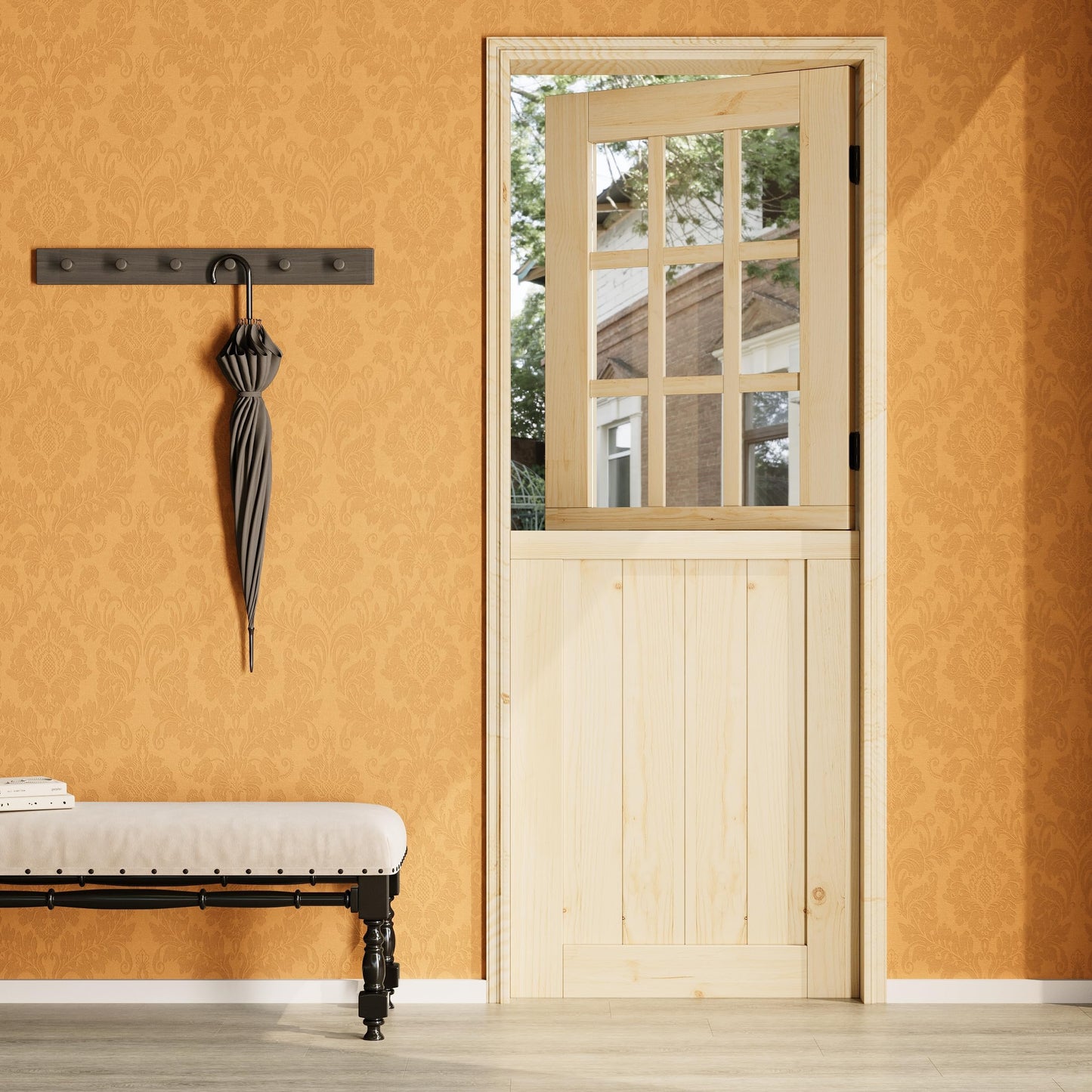30" x 80" Dutch Door Slab with 9 Lite Tempered Clear Glass, 1.75" Solid Pine Front Entry Interior Door, Ideal for Porch, Backyard, and Exterior Use