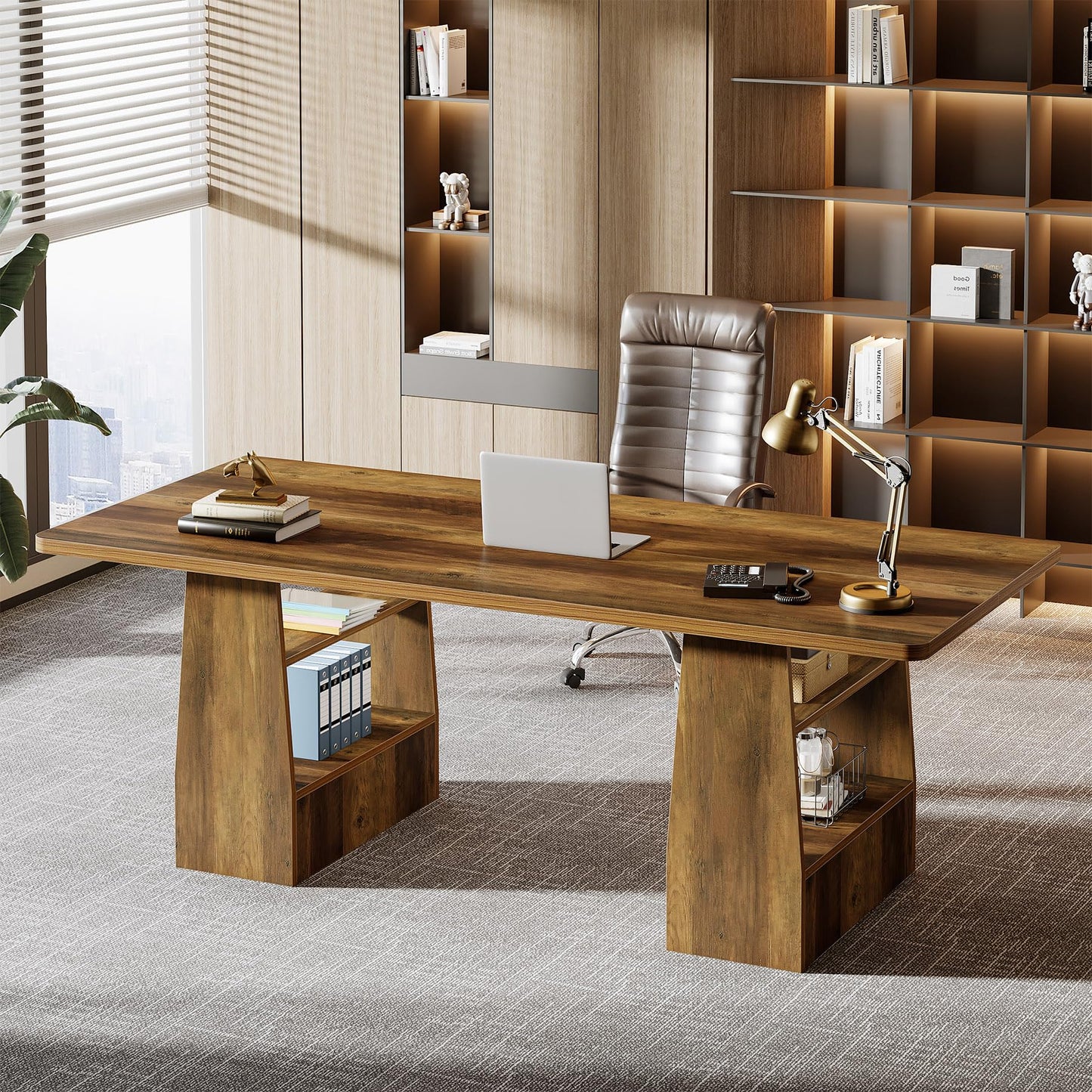 Tribesigns 63 Inch Executive Desk with 4 Storage Shelves, Office Desk with Faux Natural Textured, Large Wooden Computer Writing Table Business Furniture for Home Office (Brown)