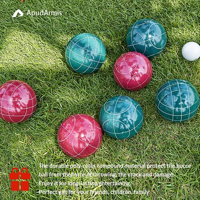 ApudArmis Bocce Balls Set, Regulation Size 100mm Bocce Game for Outdoor/Backyard/Lawn/Beach with 8 PCS 100% Poly-Resin Balls / 1 Pallino/Nylon Carrying Case/Measuring Rope (Red,Blue,Green,Yellow)
