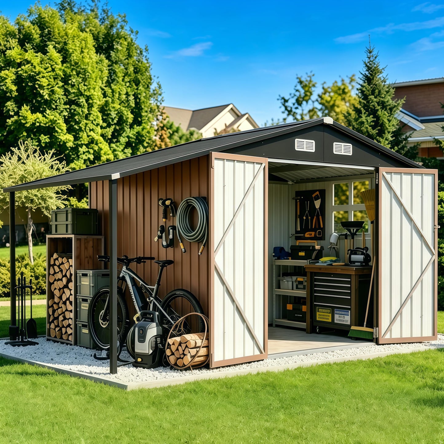 Aoxun 8x12 FT Outdoor Storage Shed Metal Sheds with Open Firewood Storage,Galvanized Steel Garden Shed with Lockable Doors,Sloped Roof,Windows, 2 in 1 Large Tool Shed for Patio, Backyard, Lawn (Brown)