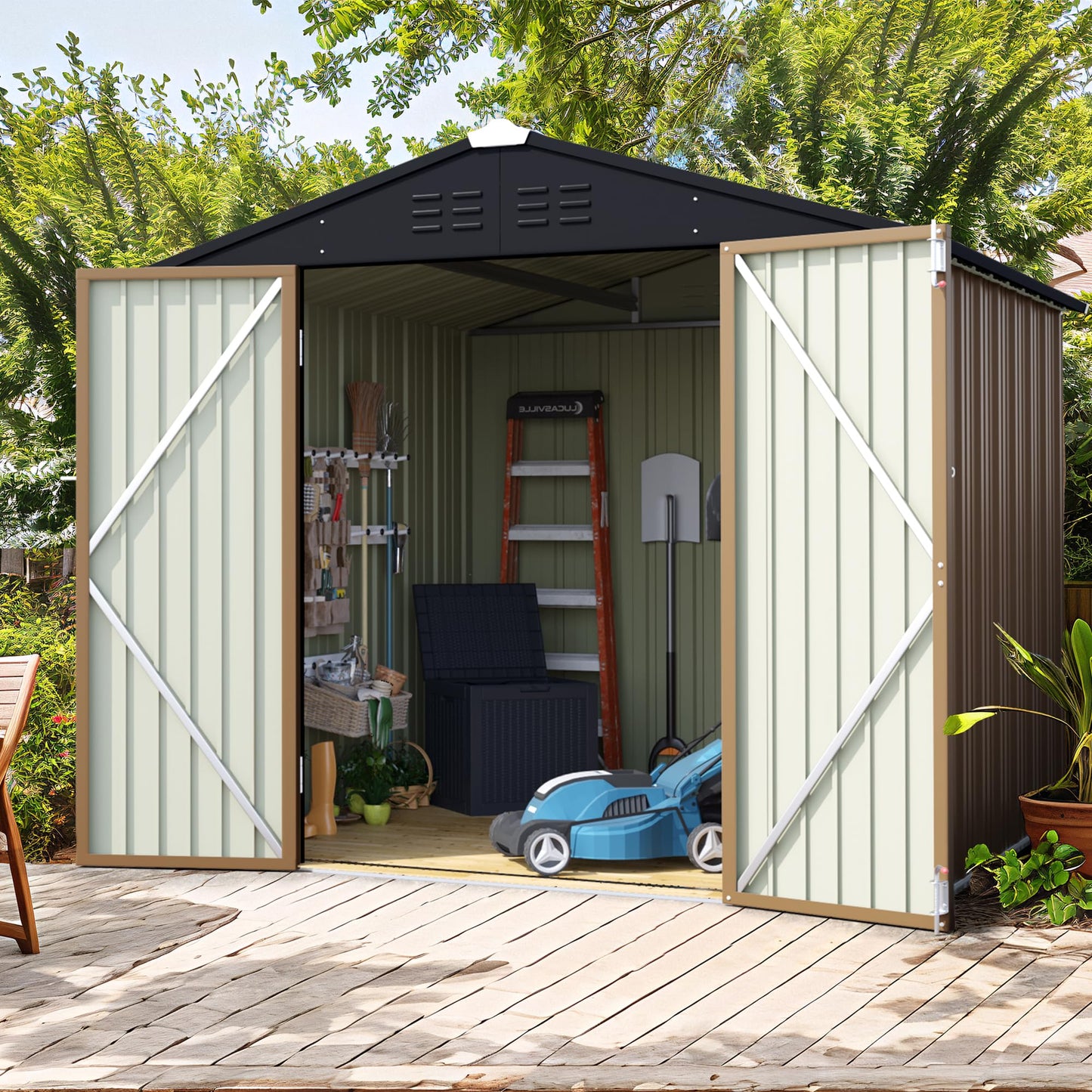 Flamaker 6x8 FT Storage Shed Waterproof Metal Garden Shed with Lockable Door Utility Tool Shed Outdoor Storage for Backyard, Patio and Lawn, Brown