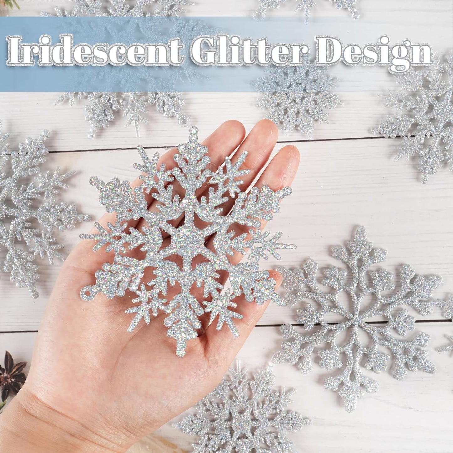Skiennix 36-Piece Iridescent Silver Christmas Snowflake Ornaments - Sparkling Glitter Decor for Holiday Home & Winter Parties