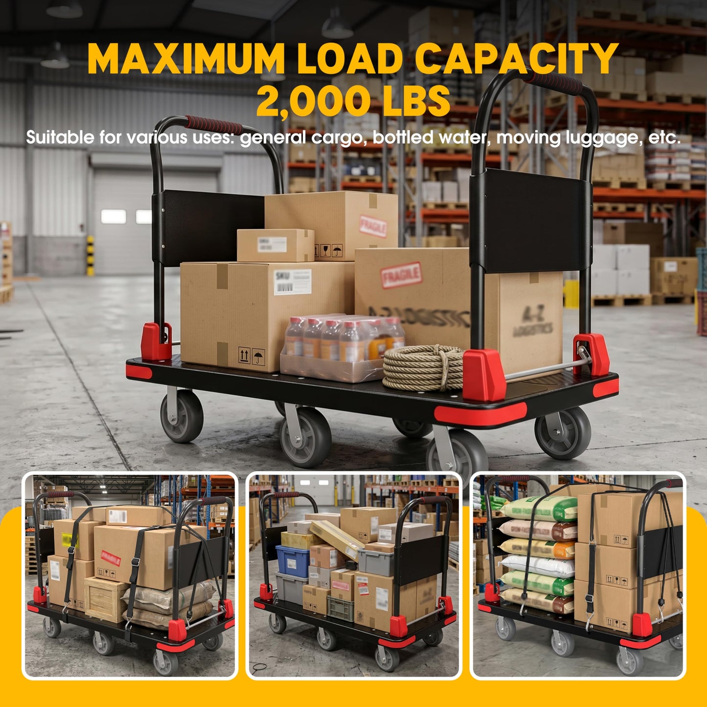 Platform Trucks Flatbed Cart Heavy Duty with 2 Handrails & 6 Rubber Wheels, Flat Dolly 2000lbs Capacity with Bungee Cord, 49.2"x27.56" Folding Hand Cart for Moving Furniture/Office/Warehouse/Garage