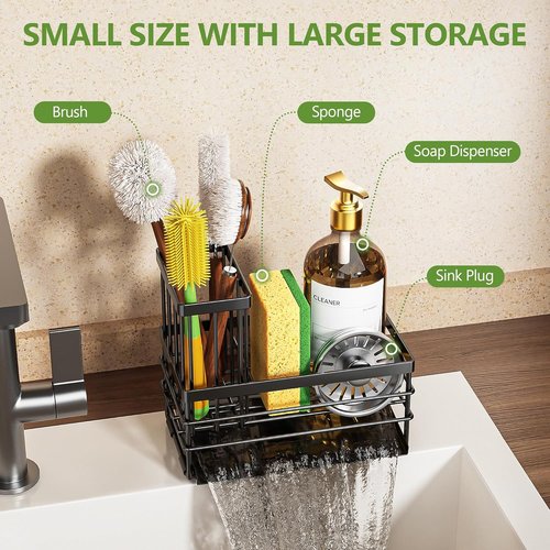 Cisily Sink Caddy - Rustproof Kitchen Organizer with Brush Holder & Self-Draining Tray | Black