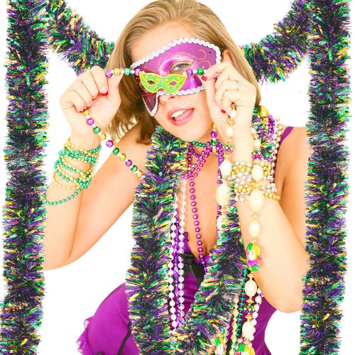 50FT Mardi Gras Tinsel Garland, Purple Green Gold Metallic Twist Foil Tinsel Garland Glitter Hanging Garland for Mardi Gras Carnival Party Christmas Tree Indoor Outdoor Decoration