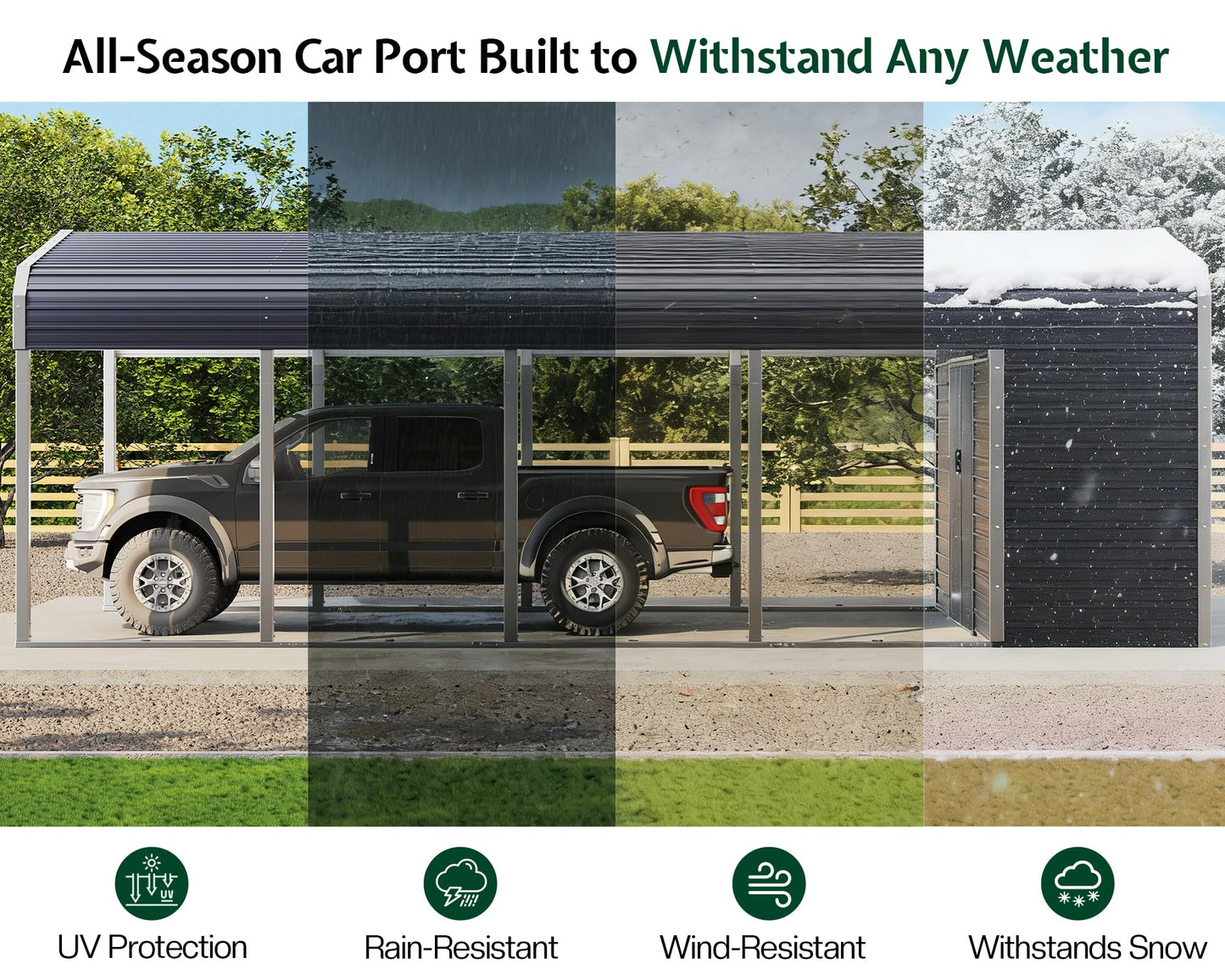 Jocisland 12x24 FT 2-in-1 Carport & Storage Shed, Heavy Duty Carport with Galvanized Steel Roof, 12x4.2 FT Metal Shed with 2 Transparent Panels & Double Doors, Car Canopy for Cars, Boats, Trucks