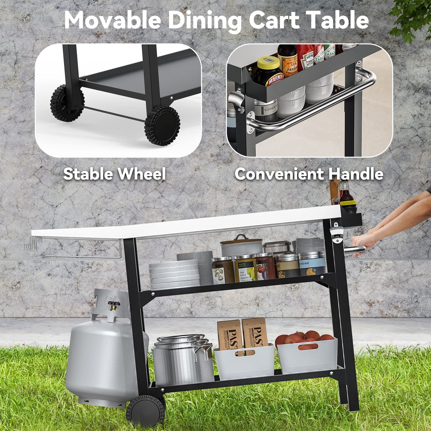 Skyflame Heavy Duty Pizza Oven Table & BBQ Prep Cart, Stainless Steel Rolling Grill Cart with Lockable Wheels, 3 Shelf Outdoor Workstation for Griddle/Patio – 170 lbs, No Wobble
