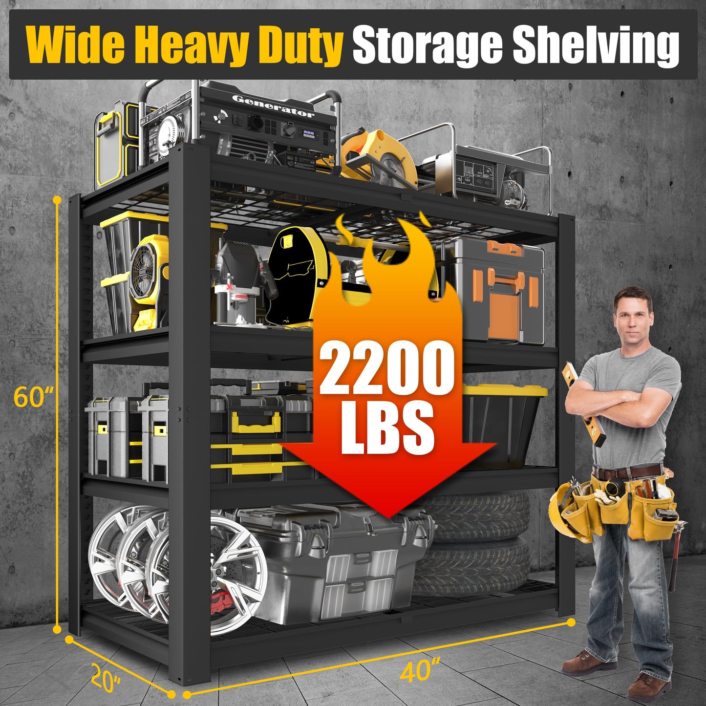 PrimeZone 40" W Heavy Duty Garage Shelving 2200 LBS 4 Tier Storage Shelves Adjustable Industrial Metal Wire Shelf Utility Rack for Garage,Basement,Pantry,Warehouse,Commercial,40" W X 20" D X 60" H
