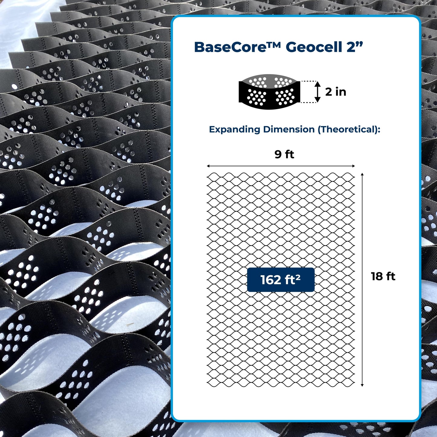 BaseCore Standard 2" Geocell Ground Grid | 9x18 ft Commercial Grade Gravel Grid for Driveway, Parking, Slope | Heavy Duty Stabilizer Landscaping, Pathway & Erosion Control - 1 Panel 162 sq ft