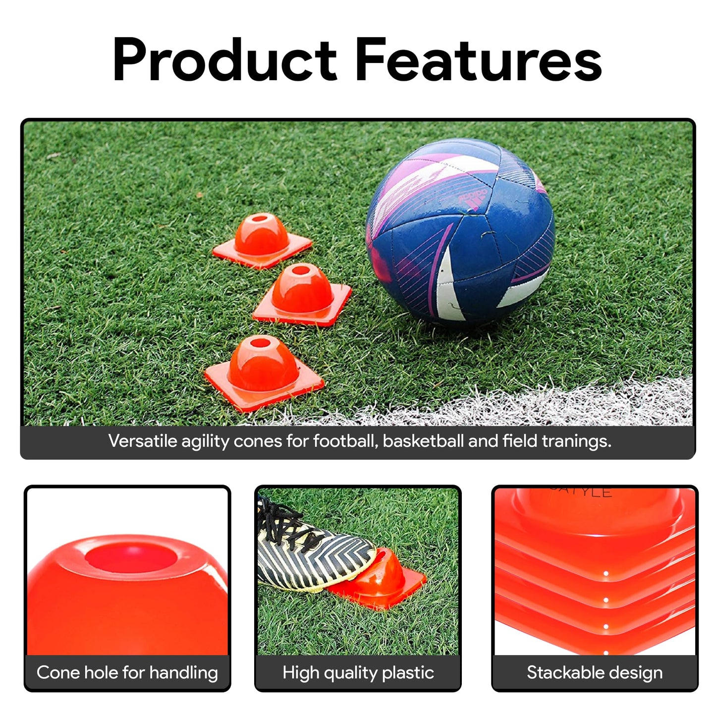 Versatyle Heavy Duty Agility Training Cones for Sports and Kids Coaching, Multipurpose Field Marker Cones, Soccer, Basketball Drills, Bike, Motorcycle Training (2in, Orange, 12 Pack)