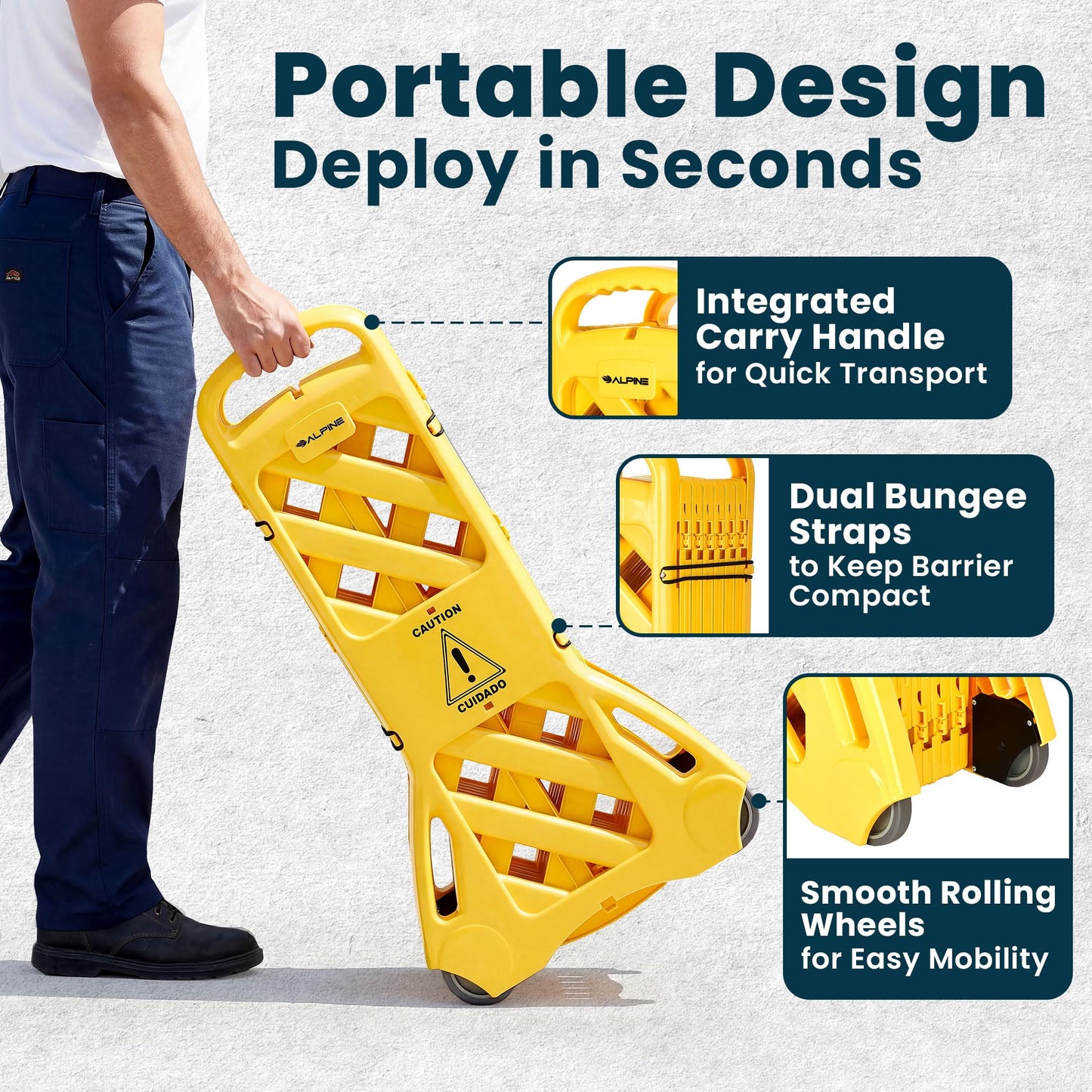 Alpine Commercial Safety Barriers, 13 Foot Expandable Mobile Barricade System - Folding Portable Barrier, Traffic Barricade Fence, Plastic Barricade for Construction, Traffic Control, Driveway Gate