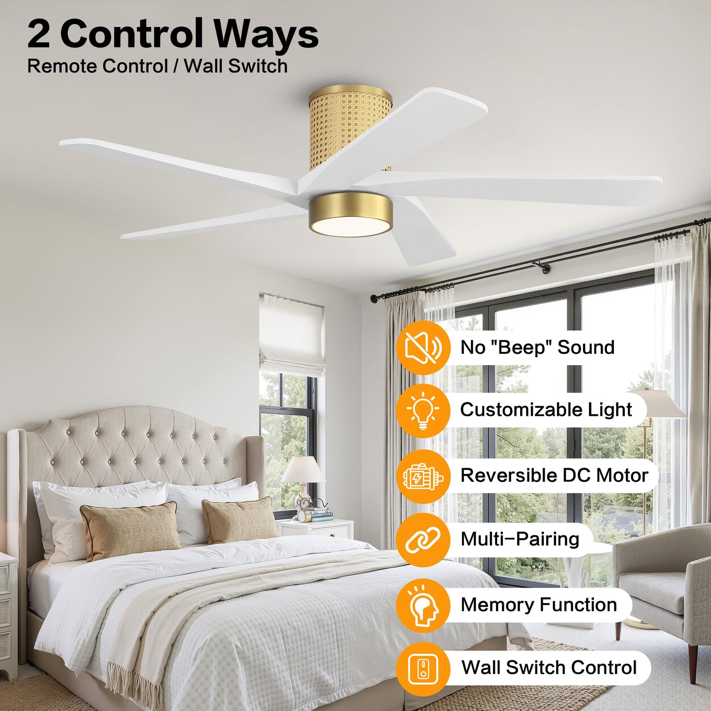 WINGBO 48 Inch Flush Mount Rattan Ceiling Fan, 3CCT Dimmable Light, 5 Carved Wood Blades, 6-Speed Reversible DC Motor, Modern Ceiling Fans for Indoor, Aged Brass Finish and White Blades