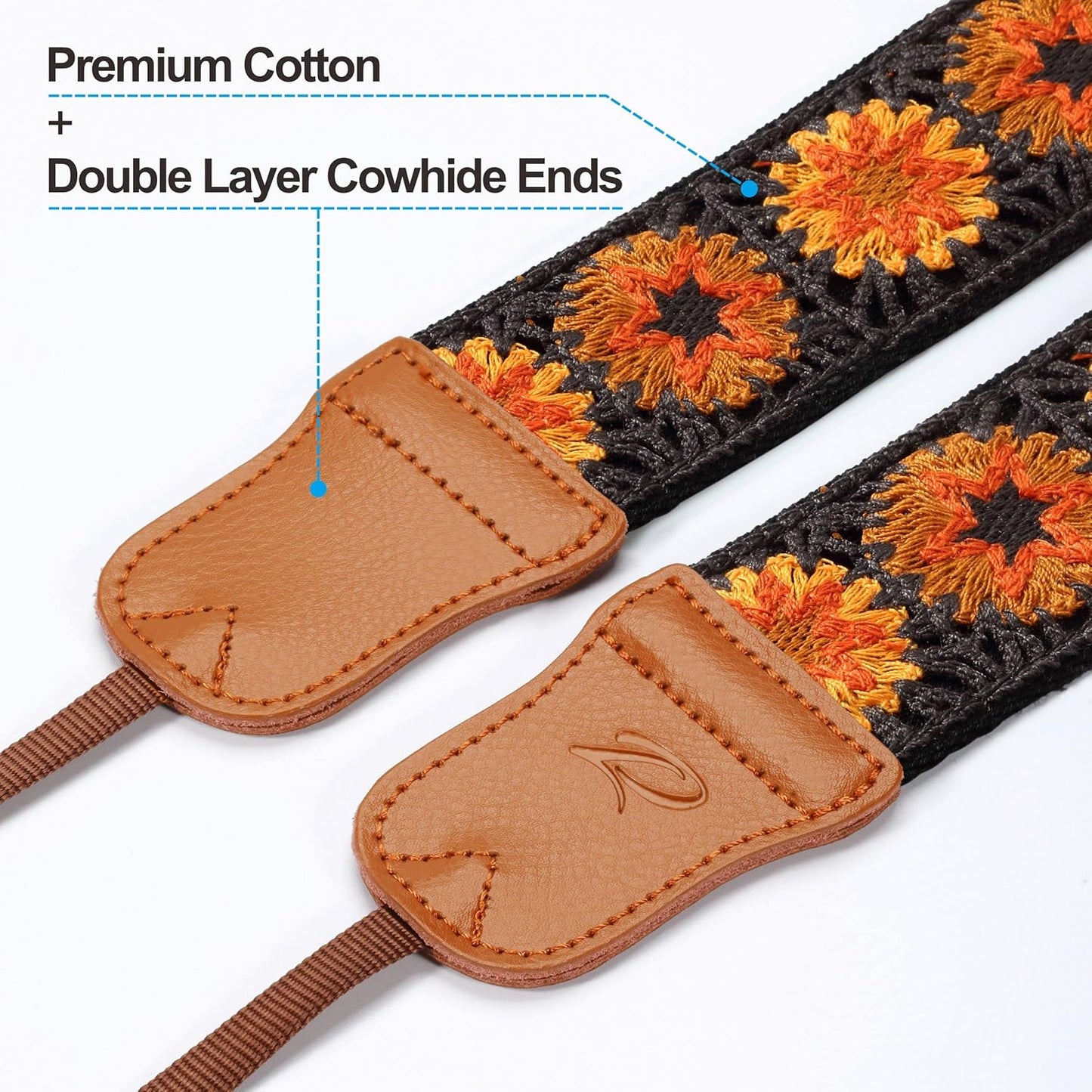 Ends,2" Padwa Lifestyle Hollow Crochet Orange Daisy Camera Strap - Double Layer Cowhide Cotton Vintage Camera Straps