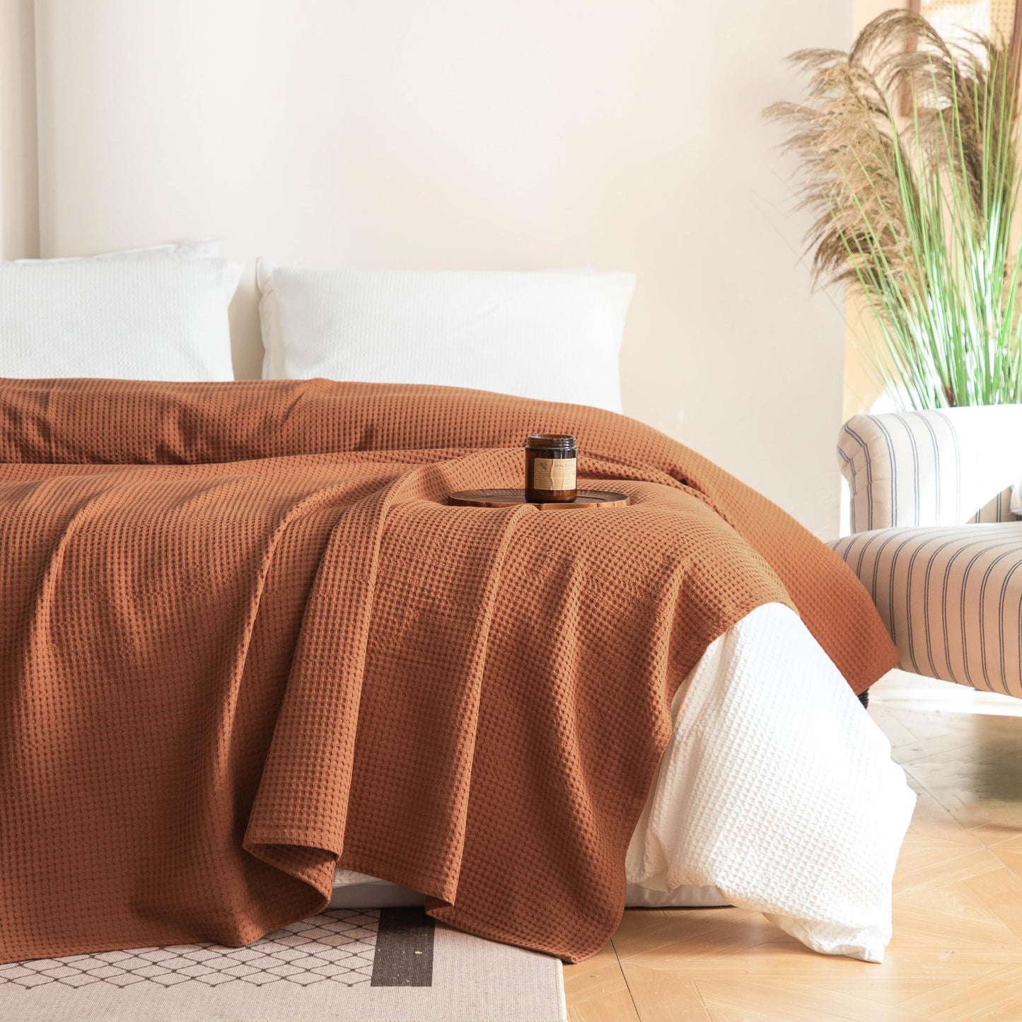 Simple&Opulence 100% Cotton Waffle Weave Throw Blanket 40"x50", Soft Lightweight Breathable Cozy Washed, Layer Blanket for Couch Bed Sofa, Farmhouse Home Decor for Adults All-Season, Rust Orange
