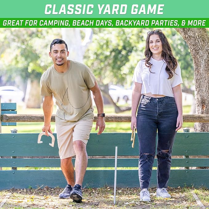 GoSports Steel Horseshoes Outdoor Game Set - Gold & Silver or Red & Blue - Official Size and Weight