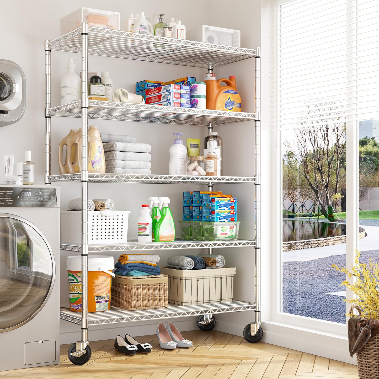 REIBII 73''H Storage Shelves 1660LBS Wire Shelving Unit with Wheels 5 Tier Metal Shelving,Heavy Duty Metal Shelves for Storage Rack,Commercial Industrial for Garage Kitchen 73''HX35''WX15''D,Chrome