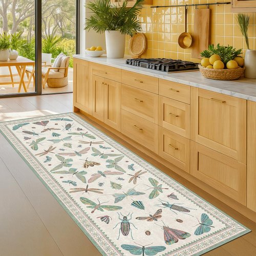 Hazo Haus Boho Bathroom Runner - 2x6 Non-Slip Washable Blue & Green Rug | Butterfly Insect Print Decor
