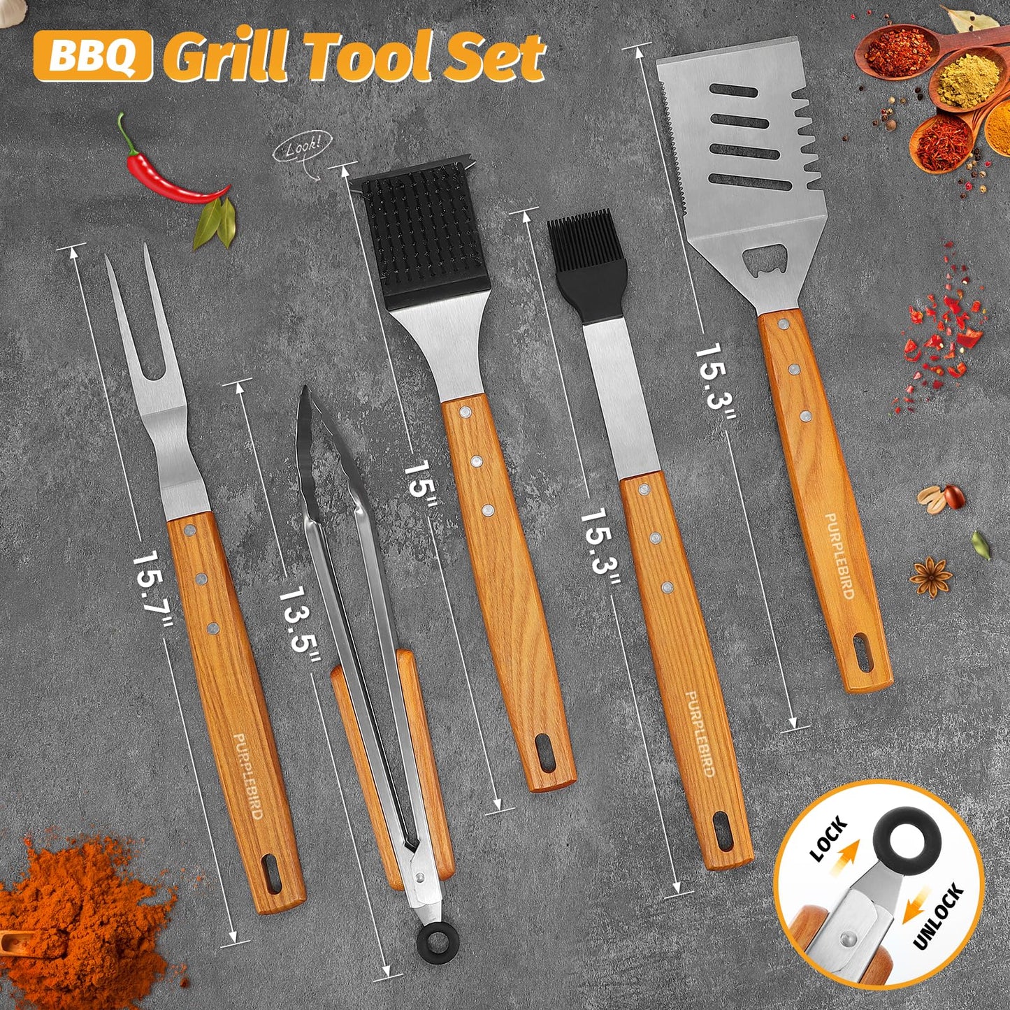 PURPLEBIRD Grill Utensils Set with Brush - 5pcs Grilling Tools Set with Bag Apron, Heavy Duty BBQ Tool Sets with Long Wood Handle, Stainless Grilling Accessories for Outdoor Grill
