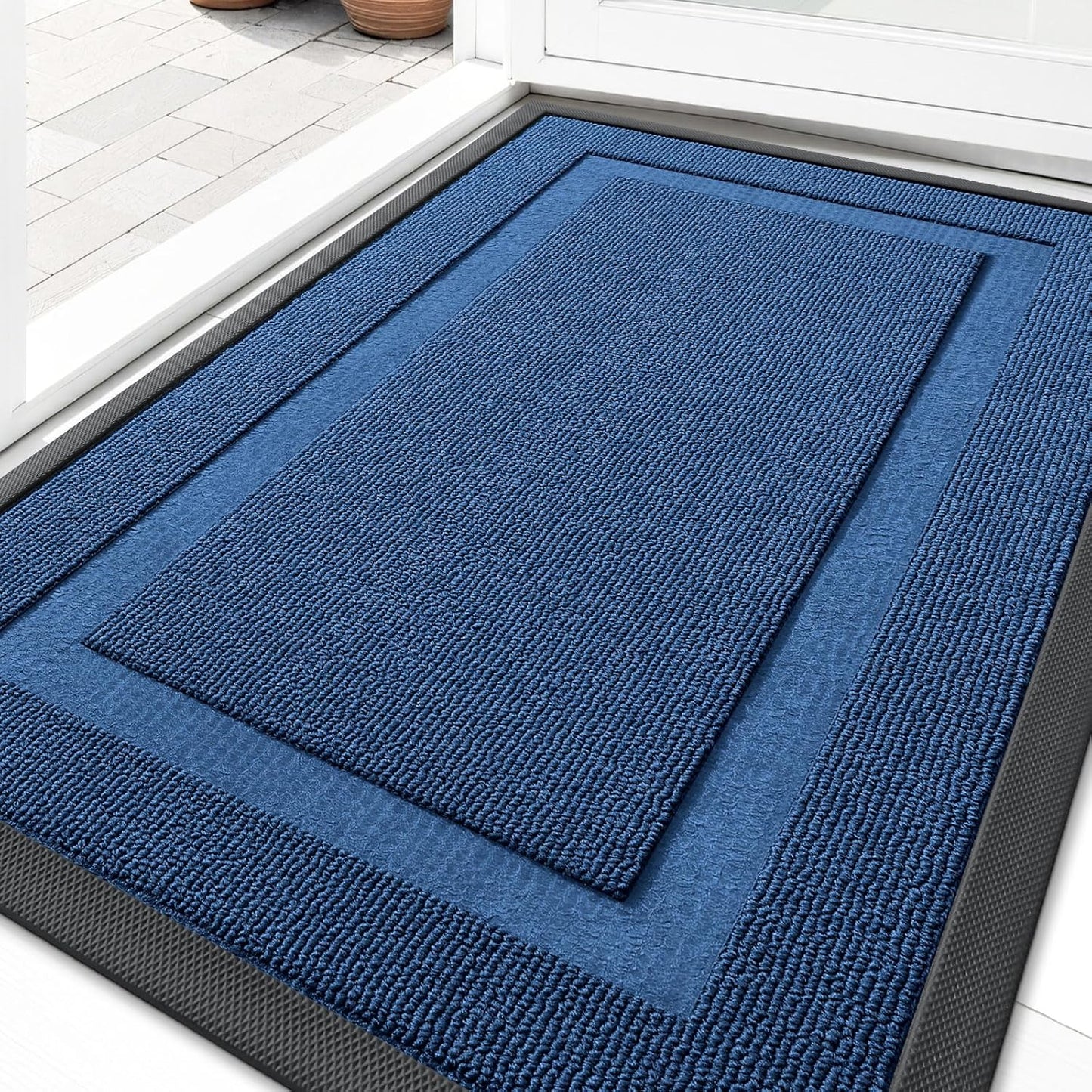 OLANLY Waterproof All-Season Front Door Mat - Sturdy Natural Rubber, Low Profile, Easy Clean | 29.5x17, Navy Blue