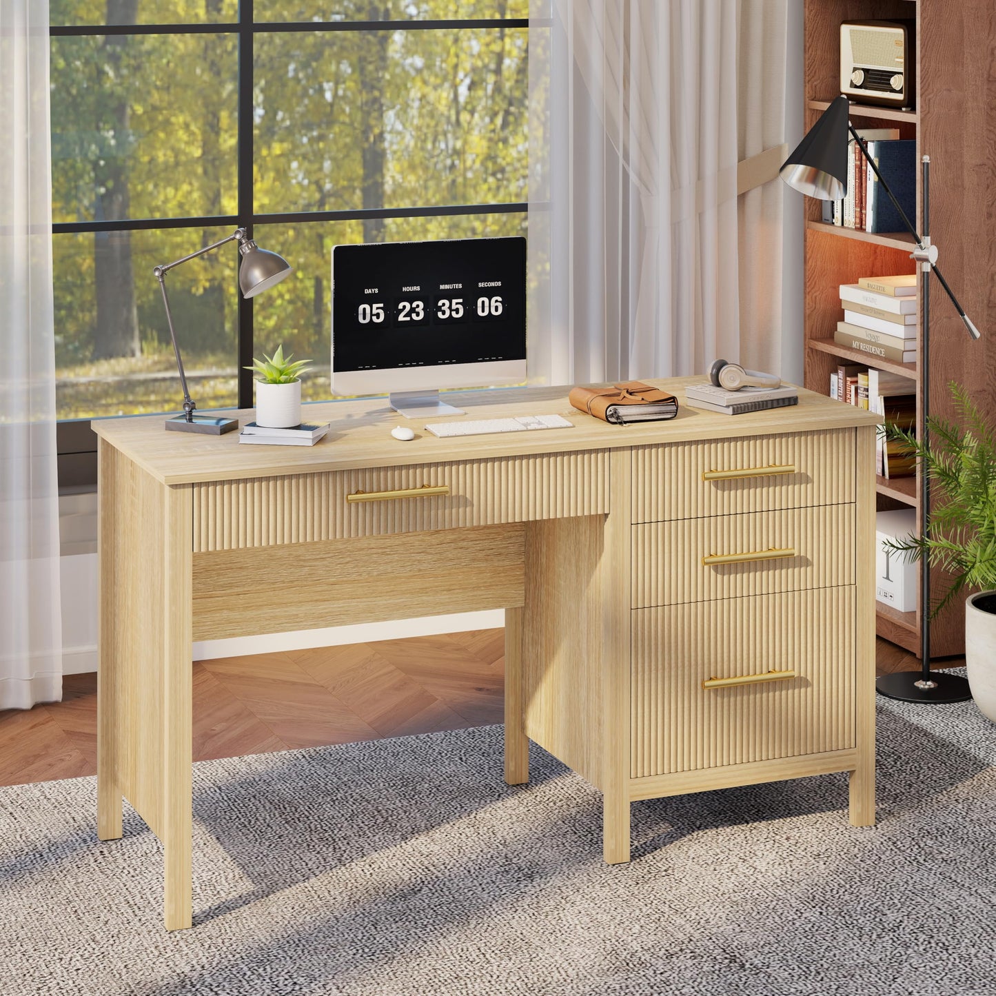 Mhsatyrs Modern Executive Desk with Drawers: 55" Oak Home Office Desks with File Drawers, Fluted Desk with Storage, Wood Computer Desks for Work, Study and Living Room (Oak, 54")