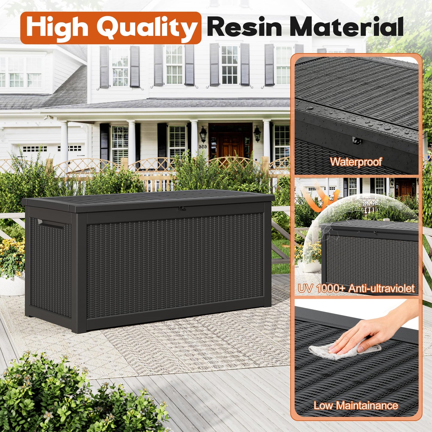 NBYSGO Outdoor Storage Deck Boxes Waterproof, Waterproof and UV Resistant Outdoor Storage Box Lockable Lid for Delivery Box, Indoor, Garden Tools, Pool Supplies, Patio (Black, 300 Gallon)
