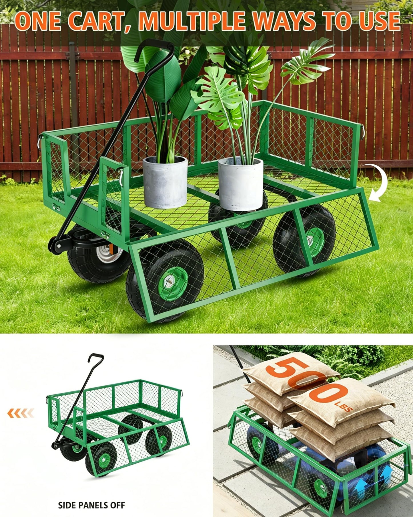Garvee Steel Garden Cart, 500 LBS Capacity Utility Outdoor Wagon, Heavy Duty Mesh Garden Metal Wagon with Removable Sides, Flexible Handle for Yard, Lawn, Garden