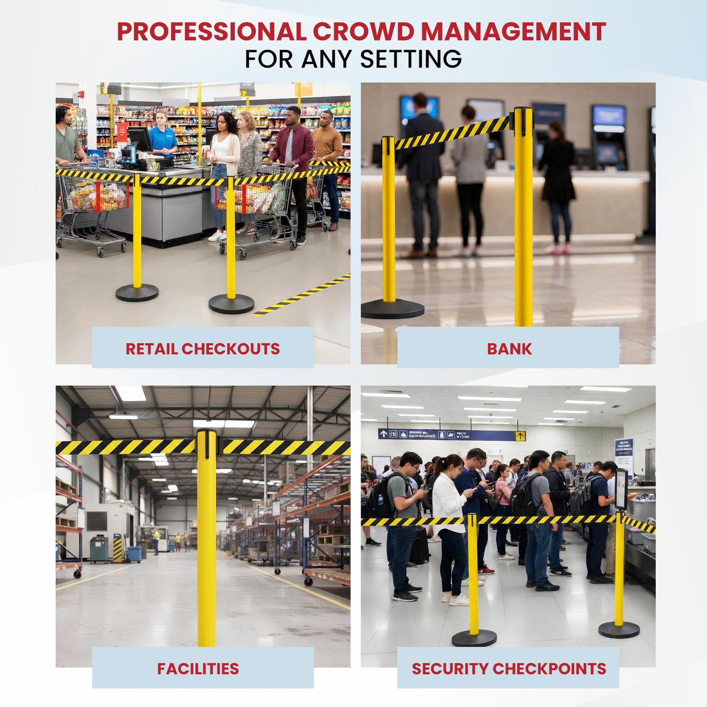 Crowd Control Warehouse Set of 2 Stanchion Retractable Belt Barriers, 11 Foot Black & Yellow Belt Barrier with 40” Yellow Posts, Premium Barriers with Heavy Duty Concrete Base, CCW Series RBB-100