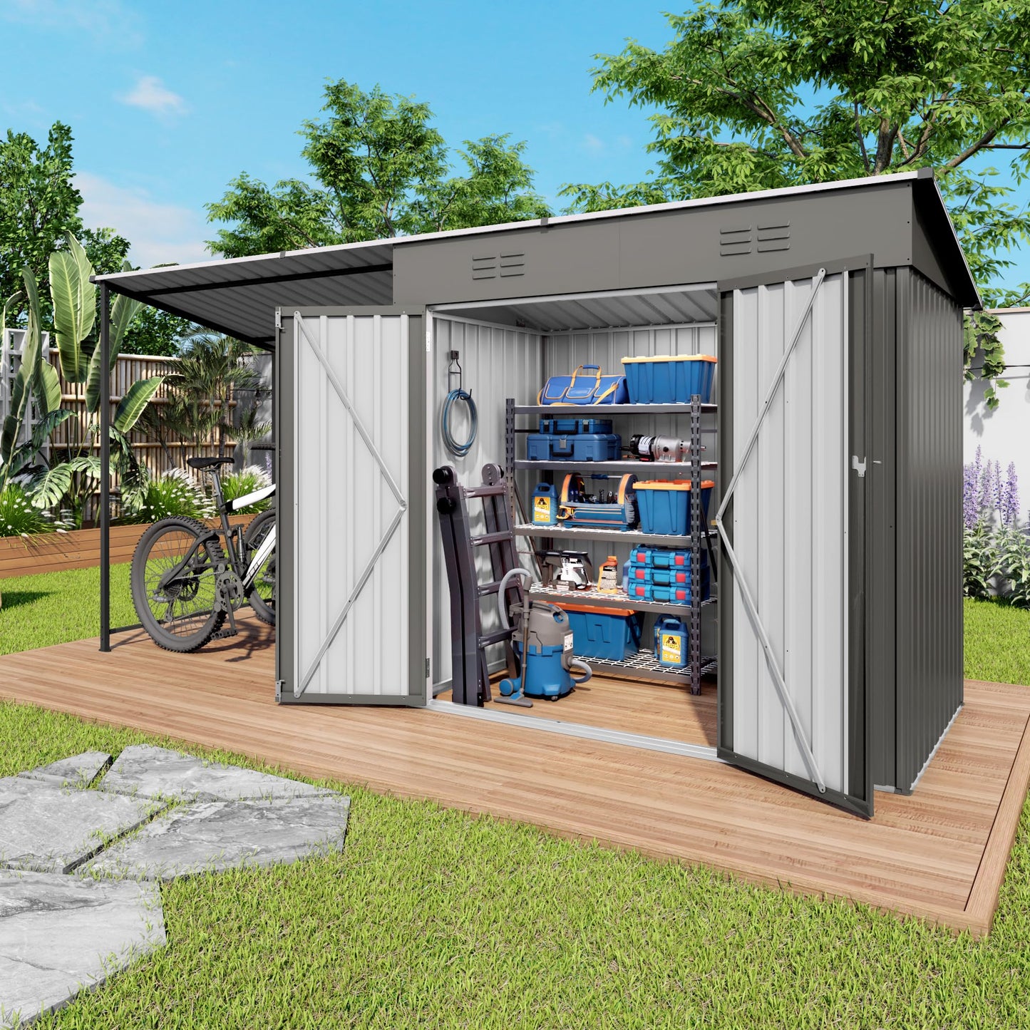 Praxatek 2-in-1 Metal Outdoor Storage Shed with Hardtop Pergola, 4x12 Ft, Gray, Sloped Roof, for Backyard, Patio, Garden