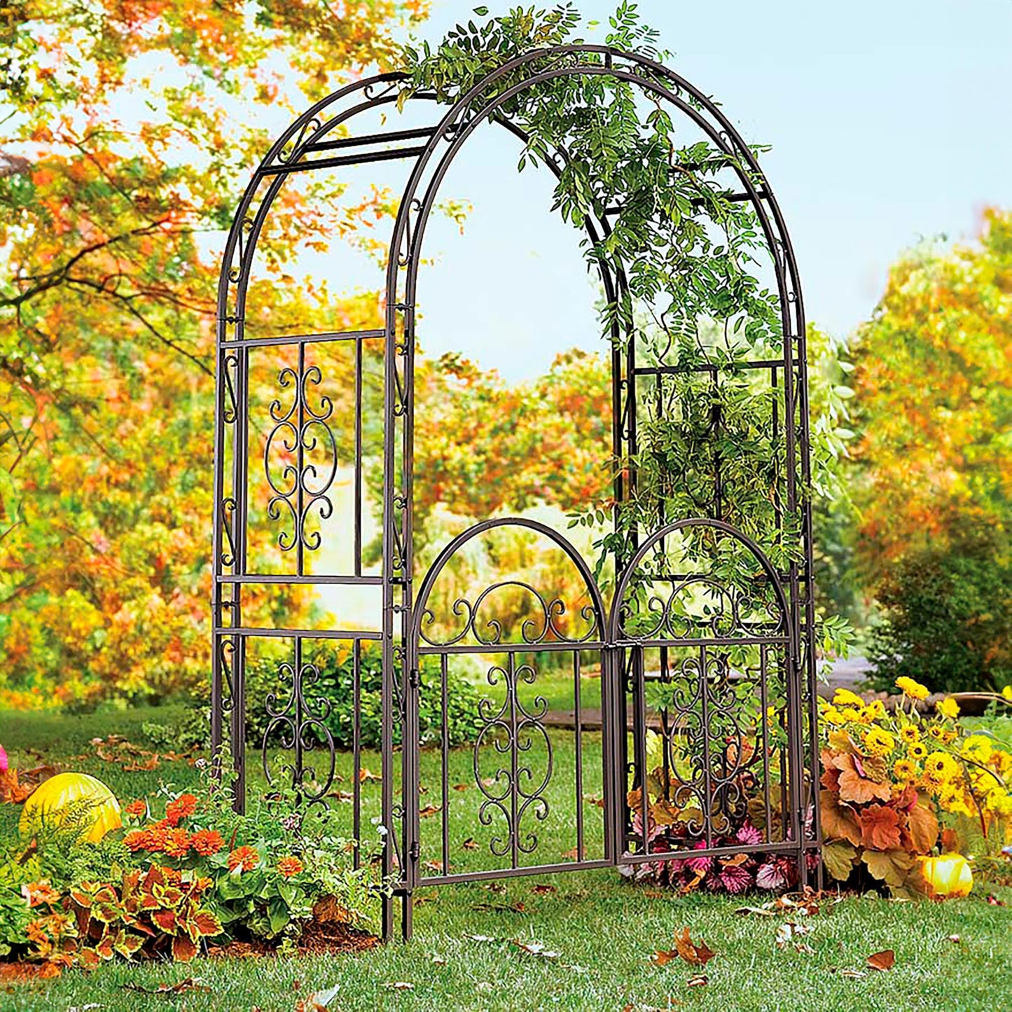 Plow & Hearth Arch Metal Outdoor Garden Arbor Double Gate | Montebello | 7 Feet Tall | Gunmetal Black | Steel Iron Trellis Lattice Climbing Plants & Heavy Vines