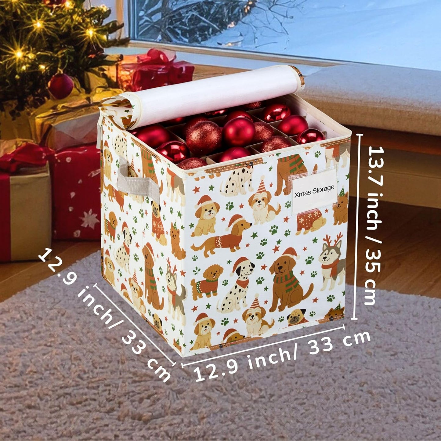 VENO Christmas Ornament Storage Box - 4 Pack with Adjustable Dividers & Zippered Top | Holds 64 Ornaments, 3-Inch Cube Compartments (Holiday Pups)