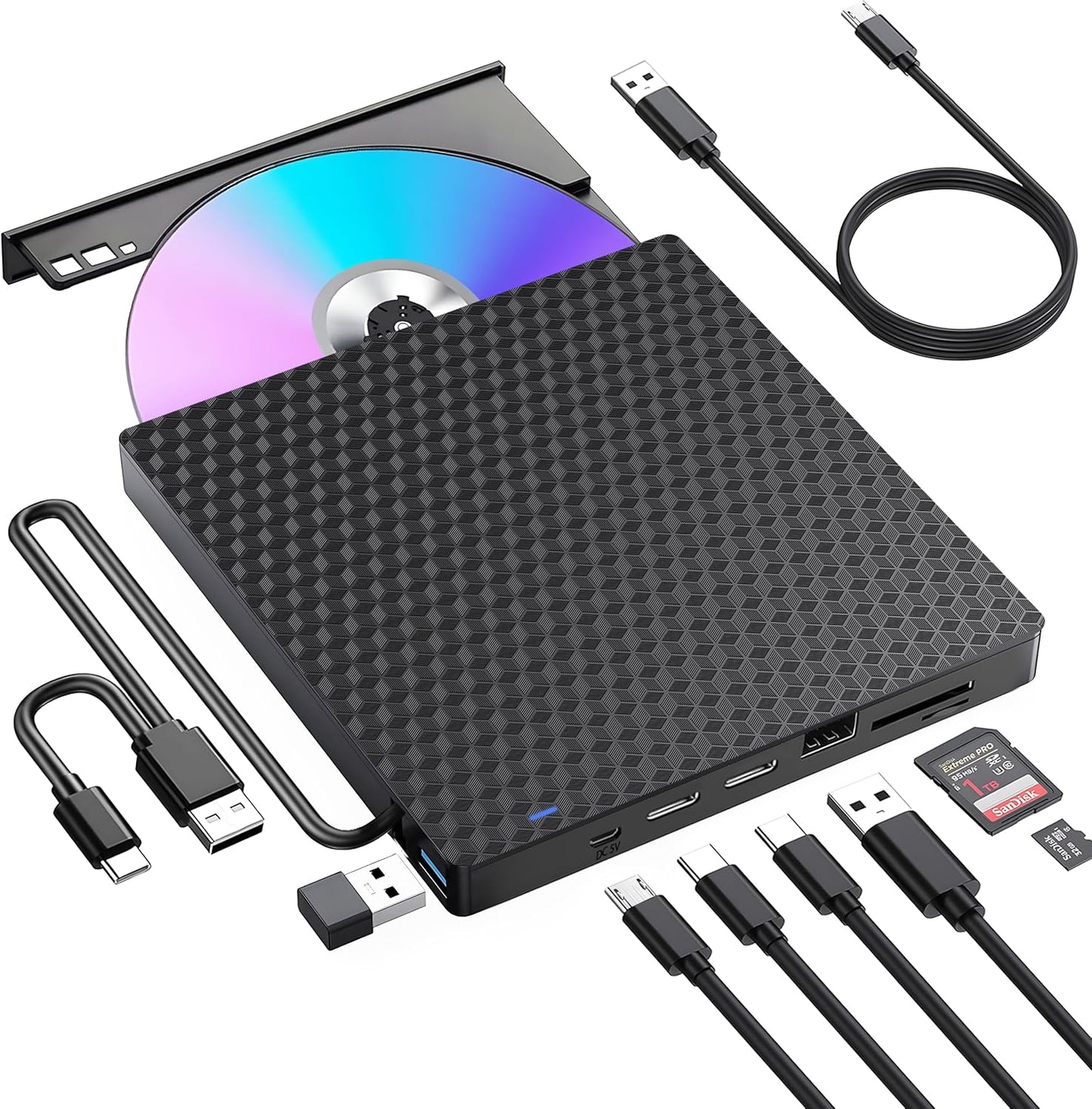 Kadlun 3.0 Drive,4 2 11/10/8/7/XP External CD DVD Drive for Laptop, USB Optical Disc USB Ports and TF/SD Card